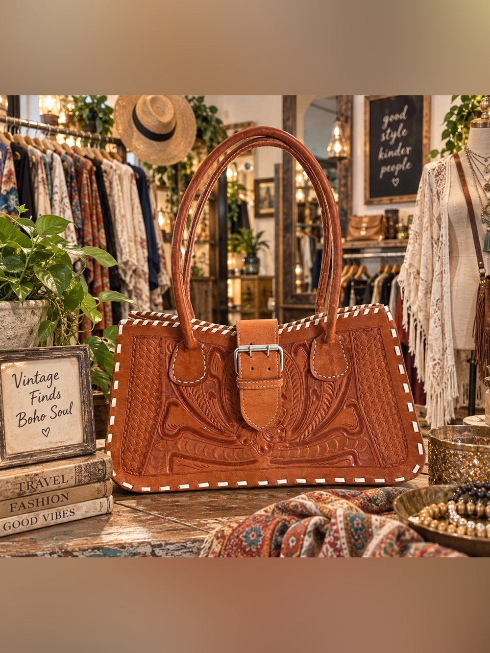 Vintage Hand-Tooled Brown Leather Tote Bag with Buckle Strap